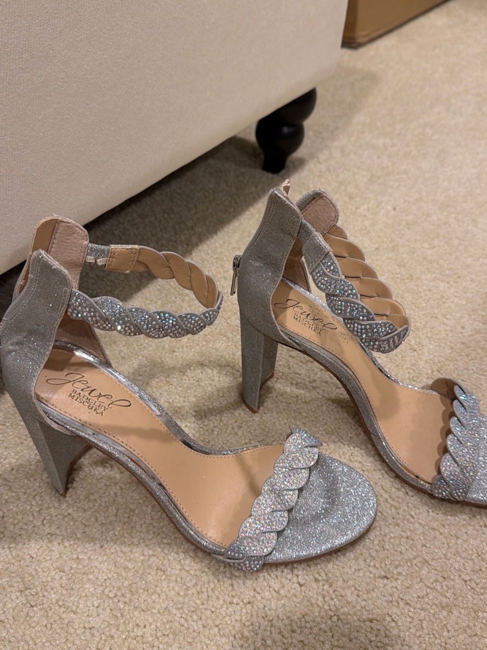 Badgley Mischka Silver Glitter Braided Crystal Ankle-Strap Heels